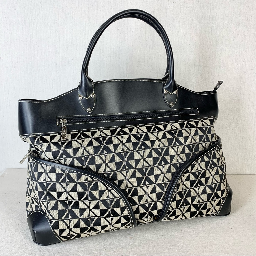 Maxx New‎ York Black Faux Leather and Geometric Print Fabric Travel/Tote Bag